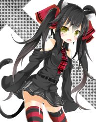  ahoge animal_ears ass_visible_through_thighs bare_shoulders belt black_hair blush cat_ears commentary_request female hair_ribbon kakao_(chocolate_land) long_hair necktie oerba_yun_fang open_mouth original ribbon skirt sleeves_past_wrists solo striped_clothes striped_thighhighs tail thighhighs twintails yellow_eyes zettai_ryouiki 