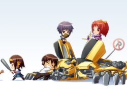  1boy 3girls asahina_mikuru baseball_bat book bumblebee_(transformers) commentary cosplay crossover english_commentary gundam hairband highres kyon mecha mike_inel multiple_girls nagato_yuki no_parking_sign photoshop_(medium) robot sign suzumiya_haruhi suzumiya_haruhi_no_yuuutsu transformers transformers_(live_action) when_you_see_it 