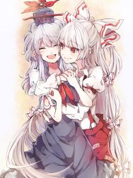  2girls blue_dress blush bow cheek-to-cheek closed_eyes colorized commentary_request dress dress_shirt fujiwara_no_mokou hairbow hand_on_another&#039;s_chest hat heads_together holding_hands hug kamishirasawa_keine long_hair miya_(tsumazukanai) multiple_girls necktie ofuda open_mouth pants red_eyes shinoasa shirt smile suspenders touhou very_long_hair white_hair 