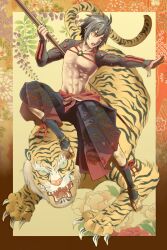  1boy abs bad_id bad_pixiv_id black_hair hakama hakama_skirt hayadai highres japanese_clothes male_focus no_nipples original polearm skirt solo tiger topless_male weapon yellow_eyes 