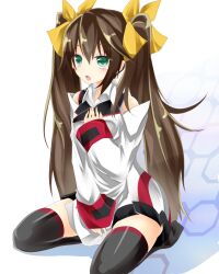  aqua_eyes black_thighhighs blush brown_hair commentary_request female hair_ribbon huang_lingyin infinite_stratos kakao_(chocolate_land) long_hair open_mouth ribbon seiza sitting solo thighhighs twintails zettai_ryouiki 