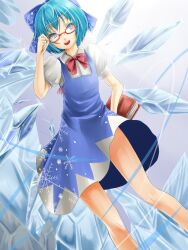  adjusting_eyewear bespectacled blue_dress blue_eyes blue_hair book bow cirno commentary_request dress female glasses hairbow highres ice legs open_mouth reio_reio short_hair solo touhou wings 