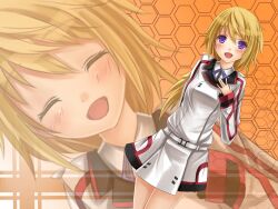  arm_behind_back bad_hands blonde_hair blush charlotte_dunois closed_eyes commentary_request female highres infinite_stratos jpeg_artifacts long_hair multiple_views open_mouth purple_eyes reio_reio zoom_layer 