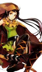  arancia arrow_(projectile) bad_id bad_pixiv_id belt black_hair boots cloak cosplay dragon&#039;s_crown elf elf_(dragon&#039;s_crown) elf_(dragon&#039;s_crown)_(cosplay) female francisco_valle highres hood long_hair orange_eyes original pointy_ears simple_background solo thigh_boots thighhighs twintails 