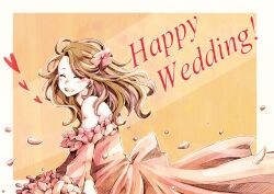  bare_shoulders blush bouquet brown_hair closed_eyes commentary_request dress earrings female flower heart jewelry long_hair nonnon open_mouth original petals smile solo text_focus wedding_dress 