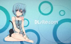  ahoge barefoot blue_hair choker dlsite.com elle_sweet feline female highres refeia ribbon_choker short_hair solo strap_slip 