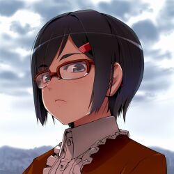  alternate_hairstyle ano_hi_mita_hana_no_namae_wo_bokutachi_wa_mada_shiranai. bad_id bad_pixiv_id black_hair blue_eyes collar female frills from_below fujisawa_takashi glasses hair_ornament hairclip heartbreak_haircut looking_at_viewer looking_down over-rim_eyewear portrait red-framed_eyewear semi-rimless_eyewear short_hair solo spoilers tsurumi_chiriko white_collar 