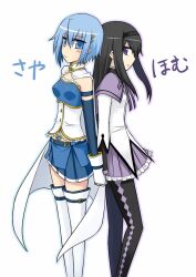  2girls akemi_homura akemi_homura_(magical_girl) blue_eyes blue_hair cape commentary_request hair_ornament hairband kurakumo_nue long_hair magical_girl mahou_shoujo_madoka_magica mahou_shoujo_madoka_magica_(anime) miki_sayaka miki_sayaka_(magical_girl) multiple_girls pantyhose purple_eyes short_hair translated 