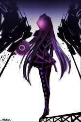  adapted_costume akemi_homura akemi_homura_(magical_girl) bodysuit commentary disc_(tron) female gun kazeco long_hair mahou_shoujo_madoka_magica mahou_shoujo_madoka_magica_(anime) neon_trim pantyhose parody purple_theme shield skirt solo spot_color tron tron:_legacy weapon 