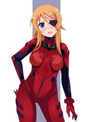  arm_at_side ass_visible_through_thighs blue_eyes blush bodysuit bracer breasts breasts_apart commentary_request contrapposto cosplay cowboy_shot evangelion:_3.0_you_can_(not)_redo eyepatch female gloves grey_background hair_between_eyes hair_ornament hairclip hand_on_own_hip head_tilt hevn hip_focus impossible_bodysuit impossible_clothes kousaka_kirino leaning_to_the_side legs_apart long_hair looking_at_viewer medium_breasts neon_genesis_evangelion nose_blush oerba_yun_fang open_mouth orange_hair ore_no_imouto_ga_konna_ni_kawaii_wake_ga_nai parted_bangs photoshop_(medium) pilot_suit plugsuit rebuild_of_evangelion red_bodysuit sidelocks skin_tight smile solo souryuu_asuka_langley souryuu_asuka_langley_(cosplay) standing straight_hair turtleneck two-tone_background v-shaped_eyebrows white_background 