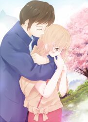  1boy bad_id bad_pixiv_id brown_eyes brown_hair cherry_blossoms closed_eyes female flower hair_flower hair_ornament hanasaku_iroha hug hug_from_behind japanese_clothes kimono kissuisou_uniform matsumae_ohana nakai_(waitress) ryouku tanemura_kouichi tears tree 