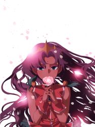  ateka bindi commentary crown dark-skinned_female dark_skin female flower green_eyes himemiya_anthy long_hair parted_bangs petals pink_flower pink_rose purple_hair rose rose_petals shoujo_kakumei_utena solo wrist_cuffs 