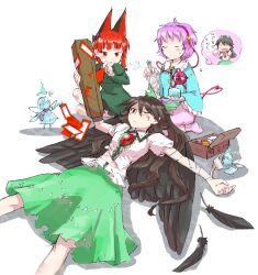  3girls animal_ears arm_cannon bandages blush bow box braid brown_eyes brown_hair cat_ears chamaruk closed_eyes commentary_request cotton_ball cuts dress feathers first_aid first_aid_kit green_bow green_skirt hairband hairbow heart injury kaenbyou_rin komeiji_satori long_hair lying multiple_girls red_eyes red_hair reiuji_utsuho seiza short_hair simple_background sitting skirt sweatdrop third_eye thought_bubble touhou translated tweezers twin_braids weapon white_background wings zombie_fairy_(touhou) 