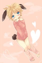  1boy ahoge animal_ears bad_id blonde_hair blue_eyes blush boy bunny_ears bunny_tail bunnyboy crying heart hyerry kagamine_len leg_warmers lolicon male male_focus off_shoulder ponytail short_hair sleeves_past_wrist sleeves_past_wrists solo sweater tail tears touyama_soboro trap vocaloid 