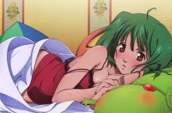  absurdres ahoge animal-shaped_pillow artist_request bed_sheet blunt_bangs blush body_blush breasts camisole female flower frills from_side green_hair highres holding_own_arm indoors looking_at_viewer lying macross macross_frontier medium_hair official_art on_bed on_stomach oosanshouuo-san panty_straps parted_bangs parted_lips ranka_lee red_eyes salamander scan see-through shiny_skin short_hair small_breasts solo strap_slip stuffed_animal stuffed_toy under_covers upper_body 