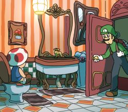  1boy akurira bathroom blue_overalls commentary_request facial_hair green_hat green_shirt hat jumpsuit luigi luigi&#039;s_mansion mario_(series) moustache overalls poltergust_3000 red_toad_(mario) shirt toad_(mario) toilet toilet_use 