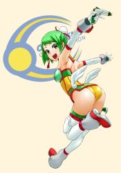  adapted_costume ass back backless_outfit bad_id bad_pixiv_id blue_rose blue_rose_(tiger_&amp;_bunny)_(cosplay) breast_padding cosplay dragon_kid elbow_gloves female gloves green_eyes green_hair gun hair_bun highres huang_baoling lipstick makeup nagashii_kouhei single_hair_bun solo thighhighs tiger_&amp;_bunny transparent_breasts_pads weapon wings 