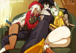  1boy 2girls alfie alfie_(cosplay) ass belt blue_eyes blush breasts character_request commentary_request cosplay dark-skinned_female dark_elf dark_skin dougan_calpis_con elf franco_il_nero franco_il_nero_(cosplay) fringe_trim green_hair hat headdress large_breasts legs lily_salvatana lily_salvatana_(cosplay) long_hair minato_kageaki multiple_girls native_american native_american_headdress open_mouth orange_eyes pointy_ears poster_(object) sansei_muramasa shiny_skin smile soukou_akki_muramasa straight thigh_strap thighs white_hair zoku_satsuriku_no_django 