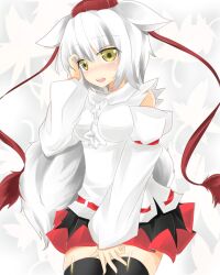  animal_ears black_thighhighs blush commentary_request detached_sleeves female hand_in_own_hair hat inubashiri_momiji kakao_(chocolate_land) open_mouth skirt solo tail thighhighs tokin_hat touhou white_hair wolf_ears wolf_tail yellow_eyes zettai_ryouiki 