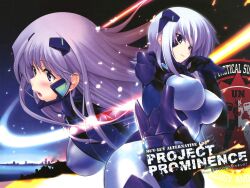  2girls blush bodysuit breasts covered_nipples cryska_barchenowa fortified_suit highres inia_sestina large_breasts lips long_hair miyata_sou multiple_girls muv-luv muv-luv_alternative muv-luv_total_eclipse open_mouth pilot_suit purple_eyes purple_hair short_hair teeth 