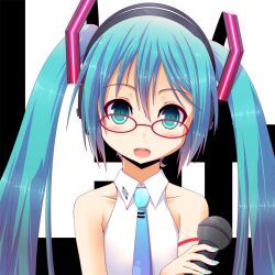  aqua_eyes aqua_hair aqua_necktie bare_arms bare_shoulders bespectacled blush collarbone collared_shirt commentary_request female glasses hatsune_miku koumei_(harmonizer) lat_model_(mikumikudance) long_hair microphone nail_polish necktie open_mouth photoshop_(medium) red-framed_eyewear shirt shoulder_tattoo simple_background sleeveless sleeveless_shirt smile solo tattoo tie_clip twintails upper_body very_long_hair vocaloid white_shirt wing_collar 