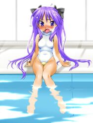  bad_id bad_pixiv_id barefoot blue_eyes blush cosplay covered_navel female highres hiiragi_kagami indoors kamia_(not_found) long_hair lucky_star multi_(to_heart) multi_(to_heart)_(cosplay) one-piece_swimsuit pool poolside purple_hair refraction sitting soaking_feet solo sweatdrop swimsuit to_heart to_heart_(series) twintails very_long_hair water window 