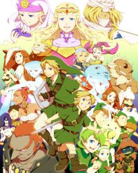  6+boys 6+girls age_comparison animal animal_on_head bad_id bad_pixiv_id balding beard belt bird bird_on_head blonde_hair blue_eyes boots brown_footwear brown_hair chicken closed_eyes closed_mouth crown cucco dampe_(zelda) dark-skinned_female dark-skinned_male dark_skin darunia deku_shield dual_persona earrings epona everyone facial_hair fado_(ocarina_of_time) flute ganondorf gerudo gloves goron great_deku_sprout great_fairy_(zelda) green_hair green_hairband green_headwear green_tunic grin hair_over_eyes hairband halo happy_mask_salesman harp hat holding holding_instrument holding_shield hood hood_up horse hylian_shield impa ingo instrument jewelry king_zora kokiri link long_hair looking_at_viewer malon master_sword mido_(zelda) monster_girl moustache multiple_boys multiple_girls multiple_persona nabooru navi ocarina on_head open_mouth poe_collector pointy_ears princess_ruto princess_zelda rauru_(ocarina_of_time) red_eyes red_hair reverse_trap saiba_(henrietta) saria_(zelda) sheik shield shield_on_back short_hair skull_kid smile sword sword_on_back talon_(zelda) the_legend_of_zelda the_legend_of_zelda:_ocarina_of_time tiara time_paradox triforce_earrings tunic weapon weapon_on_back wooden_shield young_link young_zelda zora 