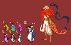  2boys animal_costume bald beard commentary_request dondongarara facial_hair full_body katanagatari male_focus maniwa_houou maniwa_pengin multiple_boys penguin_costume pixel_art red_background simple_background standing 