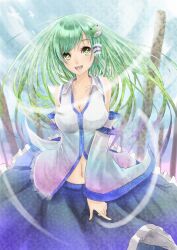  bad_id bad_nicoseiga_id breasts cleavage detached_sleeves female green_hair hair_ornament hair_tubes kochiya_sanae large_breasts long_hair navel open_mouth reio_reio skirt smile solo touhou yellow_eyes 