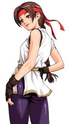  :p ass braid brown_eyes brown_hair dougi duplicate female fingerless_gloves from_behind gloves headband nakano_tomokazu official_art ryuuko_no_ken solo spandex the_king_of_fighters the_king_of_fighters_neowave tongue tongue_out yuri_sakazaki 