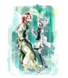  2girls bad_id bad_pixiv_id braid chinese_clothes grey_hair headdress hong_meiling izayoi_sakuya kurau_kii maid multiple_girls rain red_hair short_hair touhou transparent transparent_umbrella twin_braids umbrella 