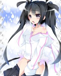  black_hair blush commentary_request female hair_ribbon kakao_(chocolate_land) long_hair no_panties open_mouth original purple_eyes ribbon shirt_slip skirt solo twintails 