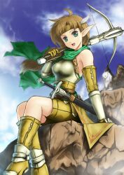  brown_hair commentary_request crossbow elf feathers female green_eyes griffin long_hair monster original photoshop_(medium) pointy_ears scarf solo sword tomw weapon 