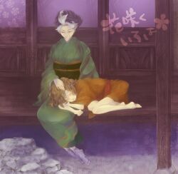  2girls bad_id bad_pixiv_id barefoot hanasaku_iroha hand_on_head japanese_clothes kimono lap_pillow marugo matsumae_ohana multiple_girls night old old_woman shijima_sui sleeping 