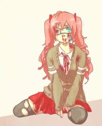  bandage beaten blood bruise domestic_violence drill_hair eyepatch fakku green_eyes injury moe momoka_(fakku) pink_hair rolling_girl_(vocaloid) school_uniform serafuku thighhighs torn_clothes torn_pantyhose torn_thighhighs twin_drills 