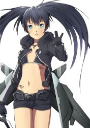  barcode barcode_tattoo bikini bikini_top_only black_hair black_rock_shooter black_rock_shooter_(character) black_rock_shooter_(game) black_shorts blue_eyes coat commentary_request female gloves highres long_hair mechanical_wings midriff navel no_shirt paintedmike photoshop_(medium) shorts simple_background solo stella_(black_rock_shooter) swimsuit symbol-shaped_pupils tattoo twintails wings 