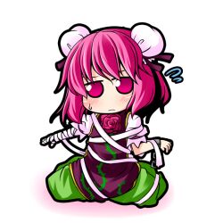  bandages blush bun_cover chibi commentary_request cuffs double_bun dress female flower green_dress hair_bun ibaraki_kasen ichimi multicolored_clothes multicolored_dress photoshop_(medium) pink_eyes pink_hair purple_dress red_flower red_rose rose self_bondage shackles sitting solo sweatdrop tabard touhou wavy_mouth 