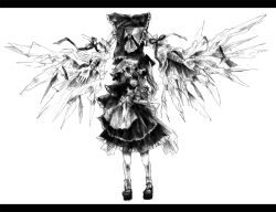  2girls ascot bad_id bad_pixiv_id decapitation detached_sleeves doll empty_eyes flandre_scarlet greyscale hakurei_reimu hat headless horror_(theme) lastdark letterboxed monochrome multiple_girls ponytail sad scar side_ponytail simple_background standing torn_clothes touhou 