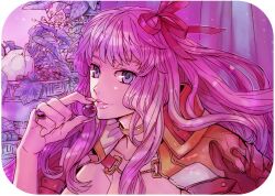  bad_id bad_pixiv_id blue_eyes female food fruit grapes hair_ribbon jewelry lips long_hair macross macross_frontier macross_frontier:_itsuwari_no_utahime photoshop_(medium) pink_hair ribbon ring ritsuko_(rittii) sheryl_nome solo 