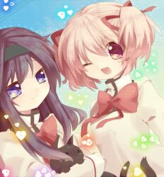  2girls akemi_homura amy_(madoka_magica) animal animal_hug bad_id bad_pixiv_id black_hair feline hairband heart kaname_madoka mahou_shoujo_madoka_magica mahou_shoujo_madoka_magica_(anime) mitakihara_school_uniform multiple_girls nochita_shin one_eye_closed pink_eyes pink_hair purple_eyes school_uniform smile 