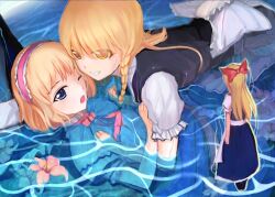  2girls alice_margatroid aura bad_id bad_pixiv_id blonde_hair blue_eyes doll floating flower from_behind grin jealous kirisame_marisa lily_(flower) multiple_girls partially_submerged shanghai_doll smile sound_tamashi touhou water wet wet_clothes yellow_eyes yuri 