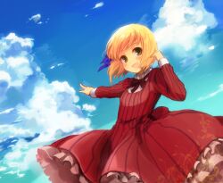  axis_powers_hetalia bad_id bad_pixiv_id blonde_hair blush cloud day dress female frills green_eyes hair_ribbon happy liechtenstein_(hetalia) miton_(ton321) open_mouth pointing ribbon short_hair sky smile solo 