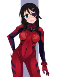  alternate_hair_color aqua_eyes arm_at_side ass_visible_through_thighs black_hair blush bodysuit bracer breasts breasts_apart contrapposto cosplay cowboy_shot evangelion:_3.0_you_can_(not)_redo eyepatch female gloves grey_background hair_between_eyes hair_ornament hairclip hand_on_own_hip head_tilt hevn hip_focus impossible_bodysuit impossible_clothes jpeg_artifacts kousaka_kirino leaning_to_the_side legs_apart long_hair looking_at_viewer medium_breasts neon_genesis_evangelion nose_blush oerba_yun_fang open_mouth ore_no_imouto_ga_konna_ni_kawaii_wake_ga_nai parted_bangs photoshop_(medium) pilot_suit plugsuit rebuild_of_evangelion red_bodysuit sidelocks skin_tight smile solo souryuu_asuka_langley souryuu_asuka_langley_(cosplay) standing straight_hair turtleneck two-tone_background v-shaped_eyebrows white_background 