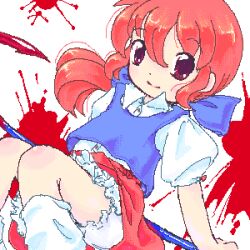  bad_id blood bloomers dithering female long_hair lowres oekaki ponytail puffy_short_sleeves puffy_sleeves purple_eyes red_eyes red_hair shitai_(shitaiya) short_sleeves skirt smile solo tanizaki_mashiro_(nobaraya) underwear 