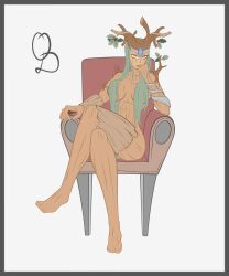  armchair bracelet breasts crown diadem dryad female green_hair humanoid leaf_crown naked oracle_dominus original_character sitting thinking wooden_body 