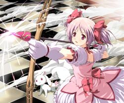  arrow_(projectile) blue_door bow bow_(weapon) checkered_floor choker commentary_request dress female gloves hairbow highres kaname_madoka kaname_madoka_(magical_girl) kyuubee magical_girl mahou_shoujo_madoka_magica mahou_shoujo_madoka_magica_(anime) pink_eyes pink_hair ribbon short_twintails twintails weapon white_gloves 