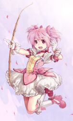  abe_(f!mixture) bad_id bad_pixiv_id bow bow_(weapon) choker dress female full_body gem gloves hairbow jewelry jumping kaname_madoka kaname_madoka_(magical_girl) kneehighs mahou_shoujo_madoka_magica mahou_shoujo_madoka_magica_(anime) open_mouth pink_hair pink_theme purple_eyes red_choker ribbon sky smile socks solo twintails weapon 