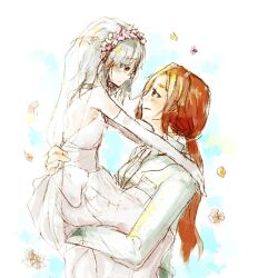  2girls bad_id bad_pixiv_id dress flower grey_hair hong_meiling izayoi_sakuya kurau_kii multiple_girls ponytail red_eyes red_hair short_hair touhou wedding wedding_dress wife_and_wife yuri 