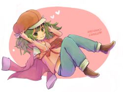  bakemonogatari commentary_request denim female green_eyes green_hair hat jacket jeans long_hair monogatari_(series) nonnon pants ribbon sengoku_nadeko smile solo 