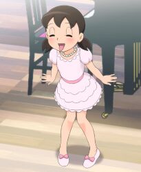  bad_id bad_pixiv_id blush brown_hair closed_eyes doraemon dress female instrument jewelry lolicon minamoto_shizuka necklace piano rico_(jackdoa) short_hair short_twintails solo tongue twintails 